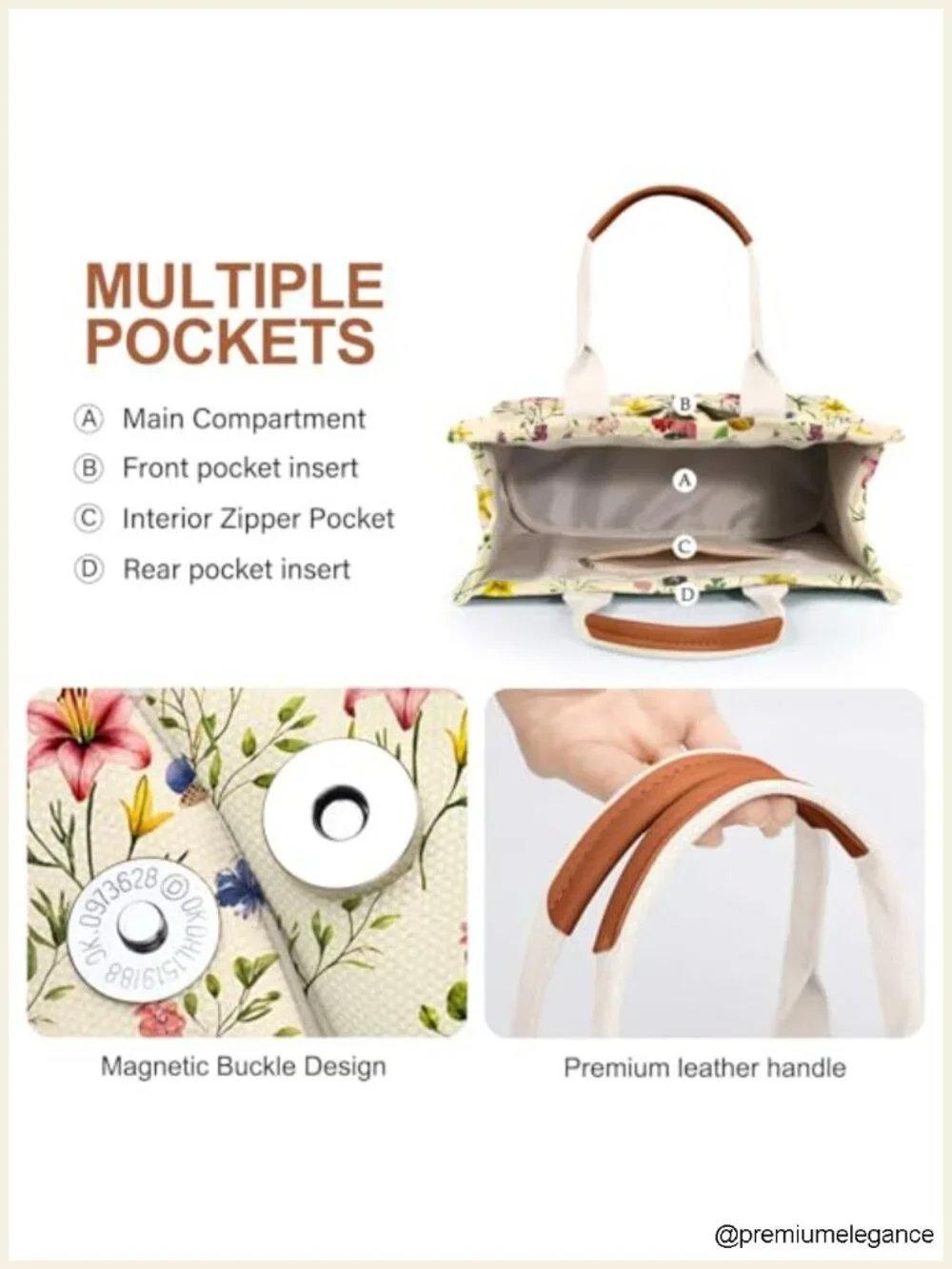Large Canvas Tote Bag with Multiple Pockets for Work